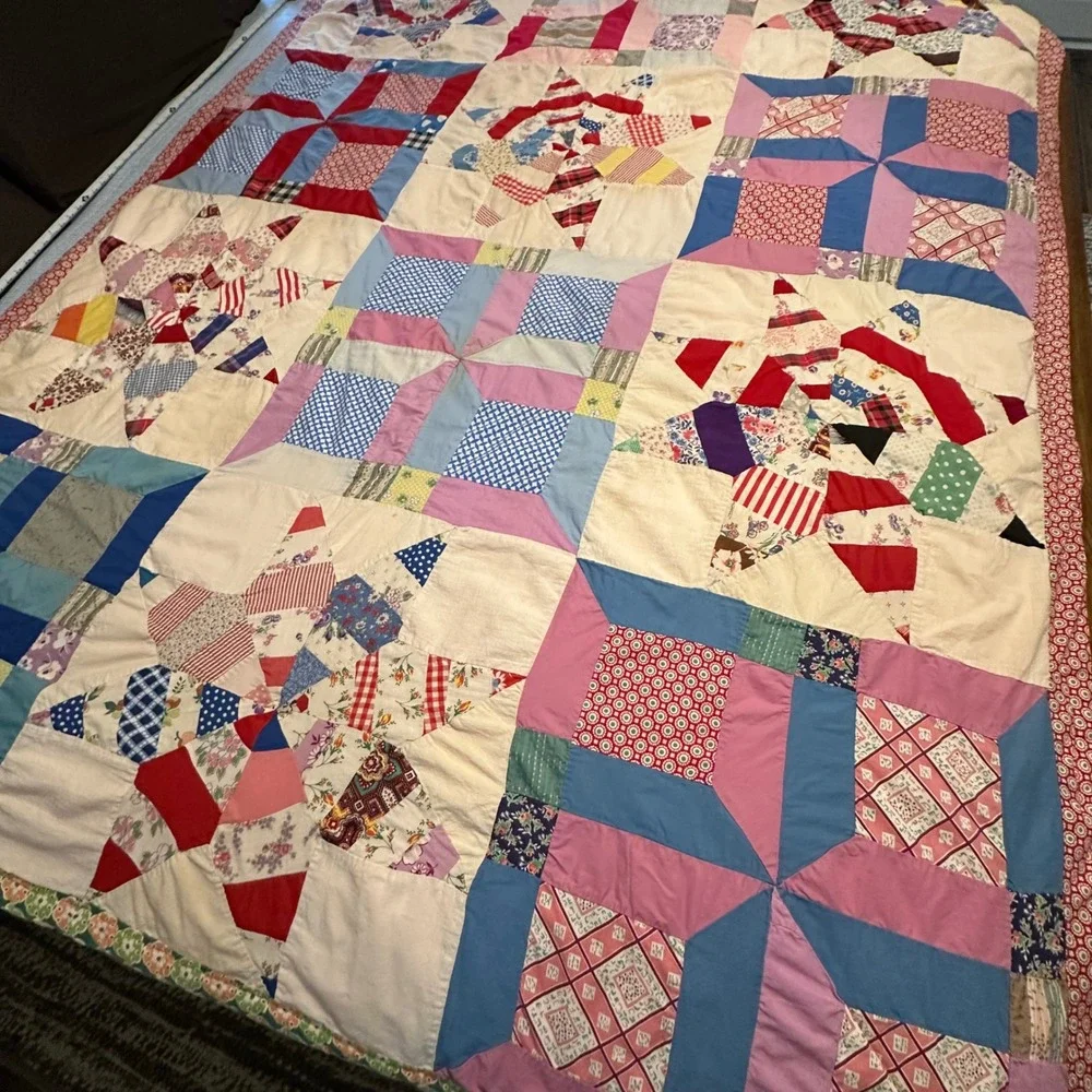 Vintage MCM Quilt 80x64 Multicolor Hand Sewn Patchwork Star/Pinwheel